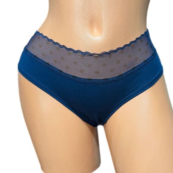 Victorias Secret Cotton Low Rise Dot lace waist Hiphugger Hipster Panty Navy M - Picture 1 of 3